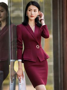 Tweede stuk dres mode rok pakken kantoor dames blazer broek wijn rood elegant zakelijk pak set werk slijtage uniform 230324
