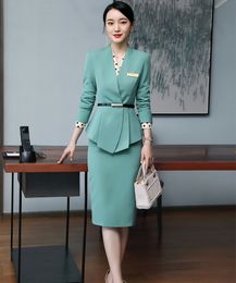 Dos piezas Dres Formal 2 Set verde negro albaricoque elegante señoras Blazer y falda traje de alta calidad ropa de trabajo de negocios delgada 230324