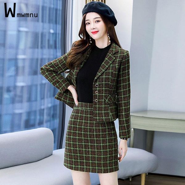 Deux pièces Dres Plaid court Blazer costumes dames ensembles minces Femme à manches longues simple boutonnage Blazers et jupes taille haute tenue 230324