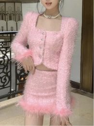 Vestido de dos piezas Otoño Estilo dulce Tweed Lana Conjunto rosa Cuello cuadrado francés Chaqueta de manga larga Traje de falda corta de cintura alta 231207