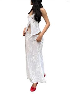Vestido de dos piezas, conjunto de 2 faldas largas para mujer, camisetas sin mangas con cordones en la espalda, lazo de cintura alta, tejido de ganchillo largo A1- blanco