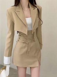 Vestido de dos piezas Conjunto de vestido de 2 piezas Mujer Casual Y2k Crop Tops Chaqueta elegante Abrigos Mini faldas Trajes de moda coreana Otoño Blazers Vestido 230311