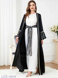 Robe Deux Pièces 2 Pièces Abaya Ensemble pour Femmes Ceinturé Doux Noir Kimono Ramadan Marocain Caftan Islam Vêtements Musulman Dubaï Eid Tenues Assorties