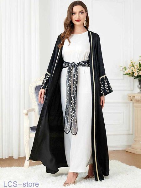 Vestido de dos piezas Conjunto de Abaya de 2 piezas para mujer con cinturón Kimono negro suave Ramadán Kaftan marroquí Ropa islámica Musulmán Dubai Eid Trajes a juego