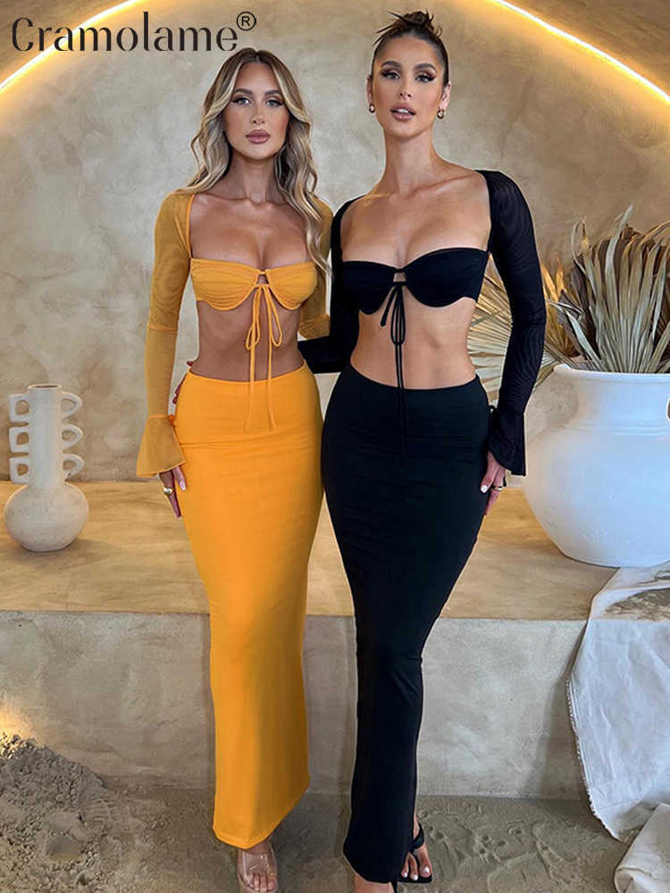 Two Piece Dress 2 set of two pieces sexy women clothes mesh long sleeve crop top bodycon maxi skirt matching define party club ball night long dress P230515