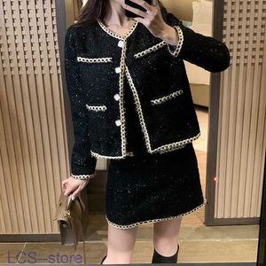 Vestido de dos piezas 2021 Negro una línea Otoño Conjuntos de dos piezas para mujer Moda elegante Tweed Chaqueta de un solo pecho Abrigo + Minifalda de cintura alta Traje Damas