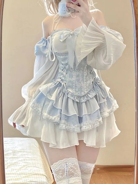 Robe de deux pièces 2023 Automne Bleu Lolita Vêtements Costume Slim Gilet Kawaii Y2k Mini Élégant Court Parti Style Japonais Mode 231202