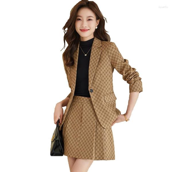 Robe de deux pièces 2023 Automne Hiver Kaki Vert Plaid Élégant Bureau Travail Porter Mini Jupe Costumes OL 2 Ensembles Femme Blazer Pour Femmes Ensemble