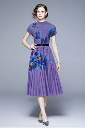 Deux pièces robe 2023 femmes élégantes deux pièces ensemble mode automne violet fleur imprimer Stretch à manches courtes hauts taille élastique Midi jupe plissée costume