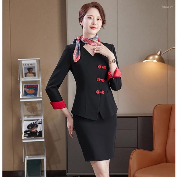 Deux pièces robe 2023 mode noir Blazer femmes affaires costumes avec jupe et veste ensembles dames vêtements de travail bureau uniforme Styles