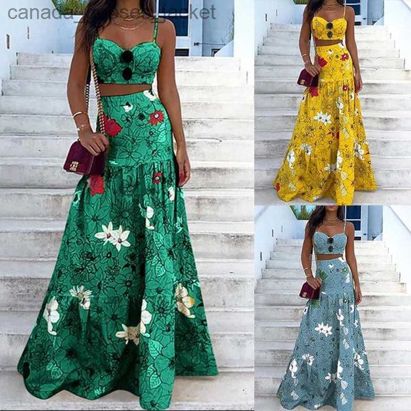 Robe de deux pièces 2023 Nouvelle imprimé floral Ensemble en deux pièces Maxi Jirt Spaghetti Strap Crop Top Long Set Floral Femme Robe d'été Robe Suits Vestidos L231221