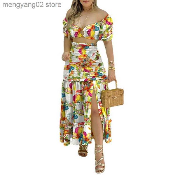 Vestido de dos piezas, moda de primavera 2023, conjunto de media falda dividida con estampado superior nuevo para mujer, T230524