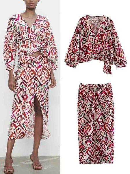 Robe de deux pièces 2023 jupes féminines Set Woman Imprimement de mode Summer 2 Pieces Pièces Femme Top à manches hautes taille MIDI MIDIR SUIS ÉLÉGANT 230508