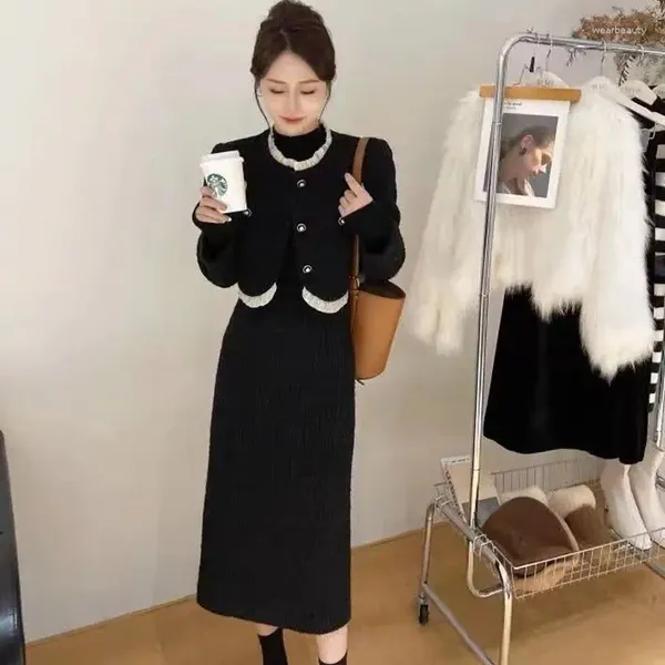 Robe de deux pièces 2024 automne et hiver costume élégant femme veste jupe bureau dame mode style coréen haut long ensemble deux pièces