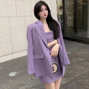 Tweedelige jurk 2024 Mini-set voor dames Pak met rok en blazer Outfit Dames kort 2 sets Paars Lange mouw Zomerfestival Korea