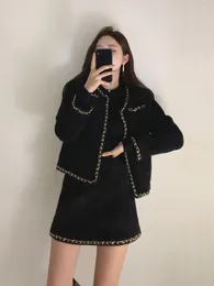 Tweedelige jurk 2024 lente en herfst mode socialite dameswollen colbert zwarte jas korte a-lijn rok kantoordame tweedelige set