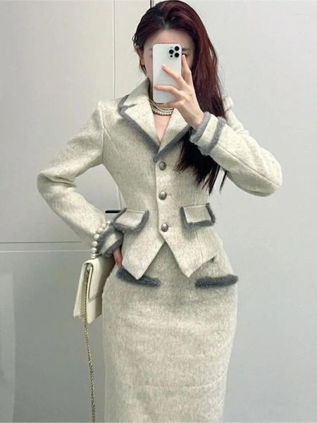 Vestido de dos piezas 2024 Primavera Mujeres Faldas Trajes Vintage Estilo de negocios Slim Blazer Chaqueta de talle alto Falda ajustada 2 piezas Conjunto elegante