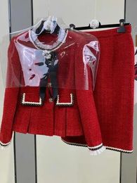 Tweedelige jurk 2024 Vintage kleine geur tweed tweedelige set dames crop top wollen korte jas jas minirokken sets zoet 2-delig pak 231205