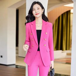 Tweedelige kleding 2024 Spring en Summer Rose Red High-Grade Socialite Professional Long Sleeve Small Suit Collar Jacket Women's Pants Two-PieC