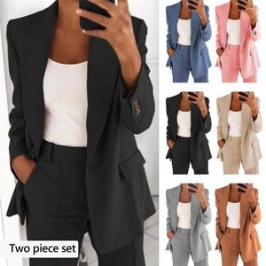 Tweedelige Jurk 2 Stks/set Vrouwen Revers Lange Mouwen Blazer Hoge Taille Rechte Wijde Pijpen Broek Set Een Knop Zakken effen Kleur Werk Pak