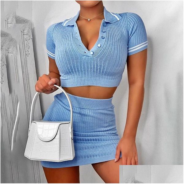 Robe à deux pièces 2pcs Sets à manches courtes Casual BodyCon Outfits Button Crop Top Tricoted Fashion Fashion Femmes Jupe coordonnée Drop Del Dhyqv