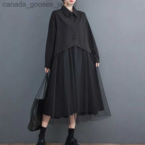 Robe de deux pièces # 3324 Black False Two Piece Shirt Robe Femme Femmes Splicged Mesh A-Line Button Front Shirt Robe Long Long Slean Corée de style Corée