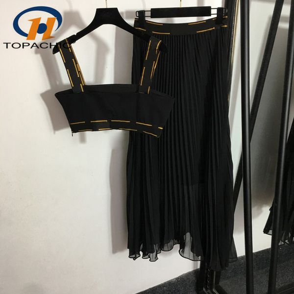 Deux pièces robe 825 haut de gamme métal décoration impression bretelles jarretelle débardeur taille plissée longue jupe noir ensemble femmes 230520
