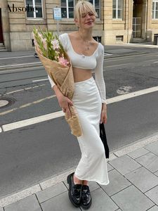 Tweedelige jurk Absobe bloem crop top lage taille maxi rok pak dames set met lange mouwen vierkante kraag rugloze vetersluiting zomeroutfit Y2K 230922