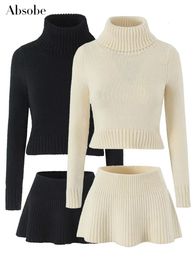 Robe de deux pièces Absobe pull tricoté mini jupe 2 ensemble femmes rabattable col haut à manches longues haut une ligne courte automne streetwear 231018
