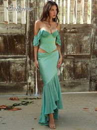 Tweedelige jurk Ailigou Damesrok Set Solid Color Off Shoulder Sexy Ruffel Mouwloze kaart Top Lang Casual Party 2 230222