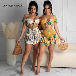 Tweedelige kleding Anjamanor Floral Print Chiffon Tweede stuk set vrouwen ruches mini-rokken met crop top sexy vakantie outfits zomer 2021 d72-ch20 t240507