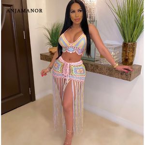 Robe Deux Pièces ANJAMANOR Sexy Crochet Gland Deux Pièces Jupe Ensemble Robe De Plage Costume Tenue D'été Femmes 2 Pièces Ensembles Assortis D48-EG26 230720