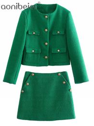 Vestido de dos piezas Aonibeier Mujer Casual Traf Trajes Otoño Botones adornados Tweed Lana Chaqueta recortada verde Mini faldas Conjunto de 2 piezas 230316