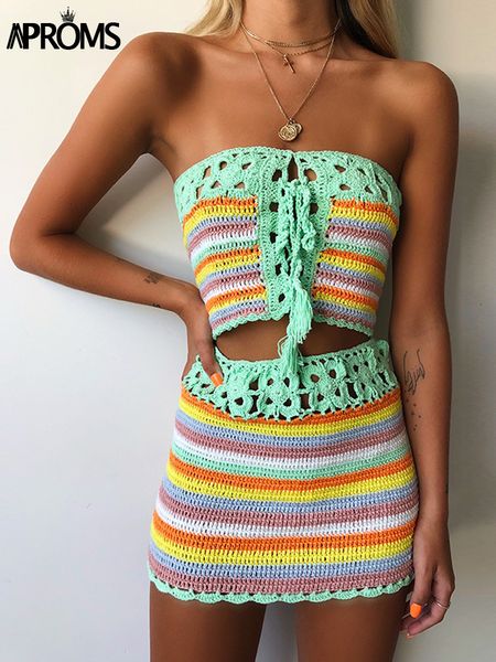 Vestido de dos piezas Aproms Colorido Rayas Sin tirantes Tubo de ganchillo Crop Top y falda Summer Beach Mujeres 2 Set Girls Bikini Beachwear 230411