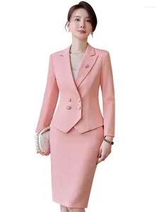 Tweedelige kledingaankomst elegante dames formeel rokpak vrouwen oranje blauw roze lange mouw vrouwelijke blazer set voor zakelijke werkkleding