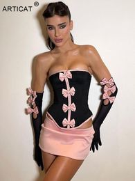 Vestido de dos piezas Articat Sexy Sin tirantes Arcos Recorte Conjuntos de mujeres Guantes negros Tops Faldas rosadas Mujer Verano Flaco Moda Fiesta Clubwear 230419