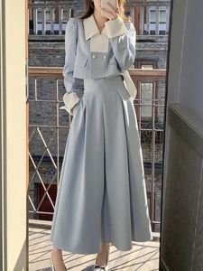 Tweedelige jurk herfst elegante 2-delige jurkset dames slank vintage feest kantoor dame Koreaans pak lange mouwen crop tops casual midi rok 231023