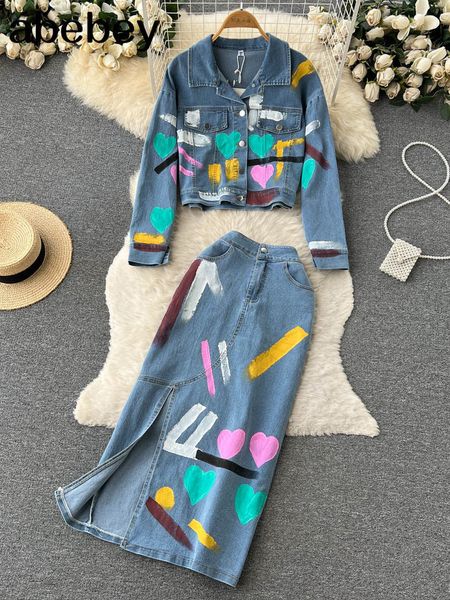 Robe de deux pièces Automne Imprimé floral denim Deux pièces de deux pièces femmes manteau de la taille élastique Camisole Split Long Jupe Set Denim costumes 230421