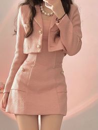 Tweede stuk kleding herfst roze elegante set vrouwen Koreaanse stijl balzer jas riem mini vrouwelijk solide casual slanke ontwerper 2023 230823
