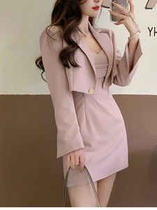 Tweedelige Jurk Herfst Roze Set Vrouwen Blazer Jas Riem Vrouwelijke Casual Koreaanse Mode Slanke Elegante Pak 221124
