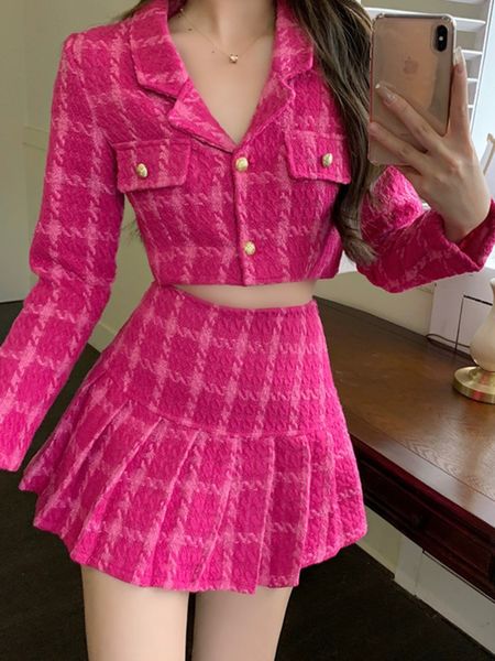 Vestido de dos piezas Otoño pequeño perfume retro tweed de dos piezas para mujer crop top chaqueta de lana jacketmini falda conjunto dulce conjunto de dos piezas 230329