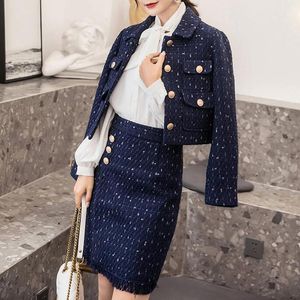 Vestido de dos piezas Otoño Invierno Chaqueta de manga larga Abrigo Blazer A cuadros Tweed Mini falda Trajes Mujer 2 piezas Conjuntos Elegante Oficina Señoras Outerwea