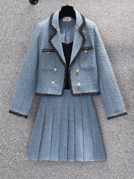 Deux pièces robe automne hiver Plaid Tweed deux pièces ensemble femmes cranté Lion doré boutons veste courte manteau laine plissée Mini jupe costumes 230422