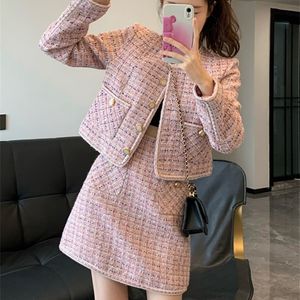 Robe de deux pièces Automne Hiver Doux Rose Laine Deux Pièces Ensemble Femmes Tenues Tweed Veste Manteau Taille Haute Mini Jupe Ensembles Costumes Élégants 220906