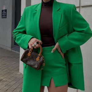 Robe de deux pièces automne femmes vert cranté simple boutonnage épaule lâche blazer fermeture éclair jupe fendue costume style de rue haute