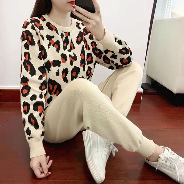 Vestido de dos piezas Otoño Mujer Manga larga Punto Leopardo Jersey Suéteres Cintura elástica Pantalones Conjuntos Moda Pantalones Piezas Trajes Traje