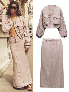 Robe deux pièces automne vêtements pour femmes veste bombardier en lin Allmatch avec poches robe taille moyenne jupe Aline 230821