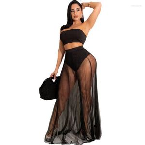 Deux pièces robe plage couvertures pour femmes longue maille jupe sans bretelles Croptop été mode couverture voir à travers ensemble 2 pièces