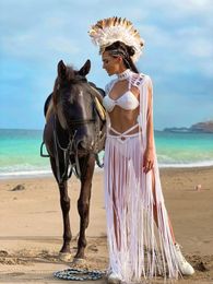 Deux pièces robe Beachapche gland main Crochet tricoté femmes Bikini Cover Ups vacances d'été plage maillot de bain Sexy évider jupes correspondant 230520