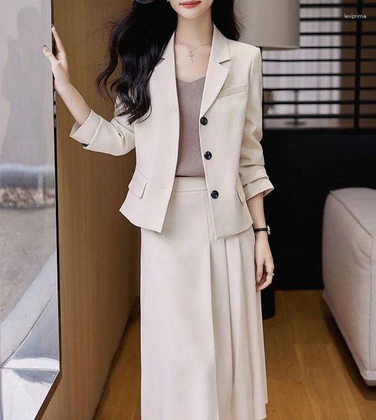 Robe de deux pièces Costume beige Blazer et jupe Ensembles élégants pour femmes Veste décontractée formelle 2 tenues de travail Conjunto Femininos